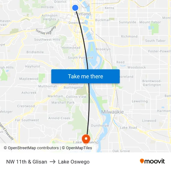 NW 11th & Glisan to Lake Oswego map