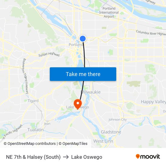 NE 7th & Halsey (South) to Lake Oswego map