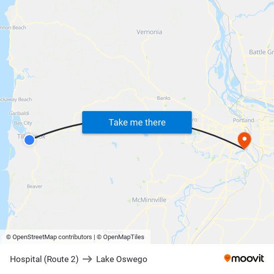 Hospital (Route 2) to Lake Oswego map