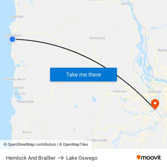 Hemlock And Braillier to Lake Oswego map