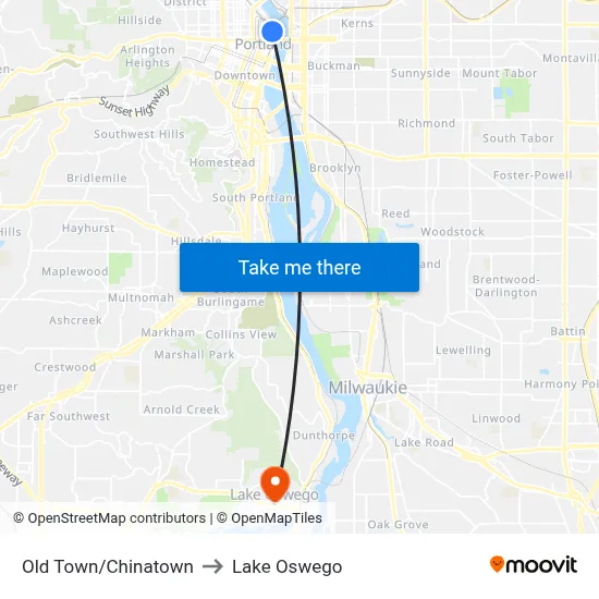 Old Town/Chinatown to Lake Oswego map