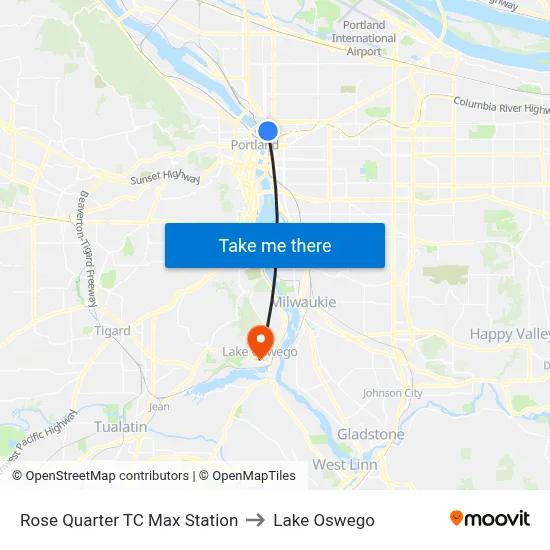 Rose Quarter TC Max Station to Lake Oswego map