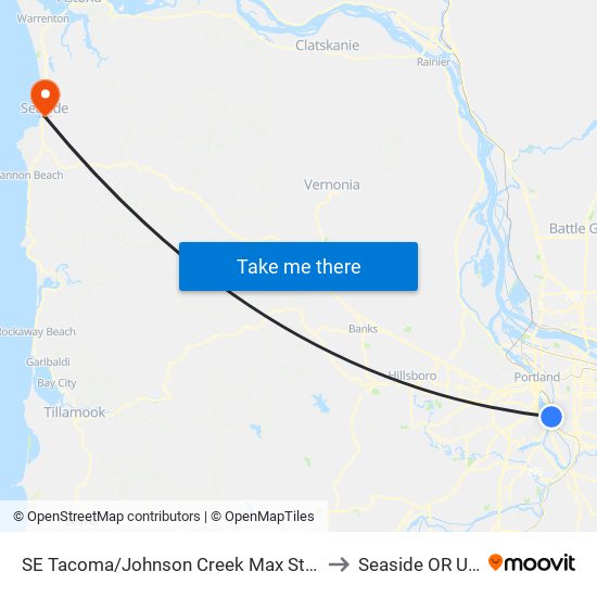 SE Tacoma/Johnson Creek Max Station to Seaside OR USA map