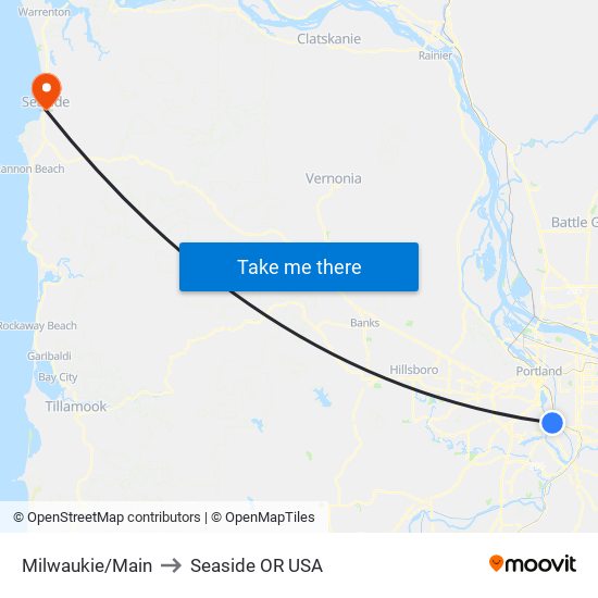 Milwaukie/Main to Seaside OR USA map