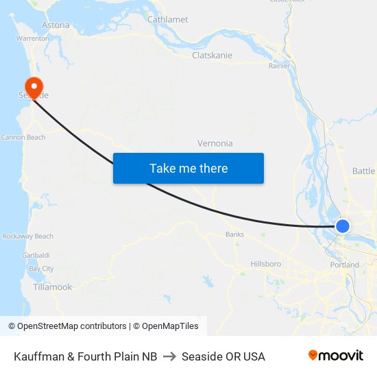 Kauffman & Fourth Plain NB to Seaside OR USA map