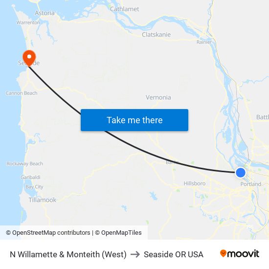 N Willamette & Monteith (West) to Seaside OR USA map