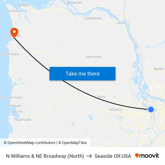 N Williams & NE Broadway (North) to Seaside OR USA map