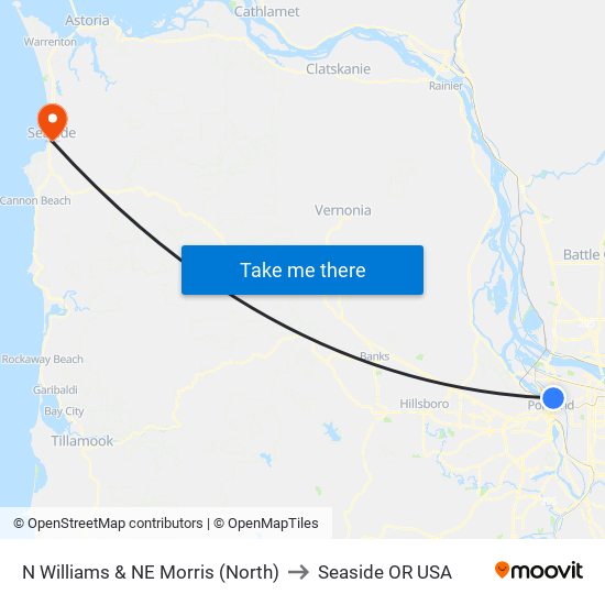 N Williams & NE Morris (North) to Seaside OR USA map