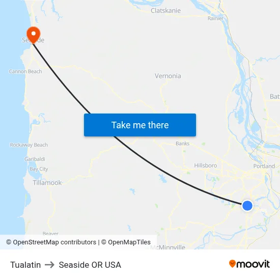Tualatin to Seaside OR USA map