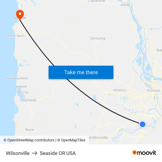 Wilsonville to Seaside OR USA map