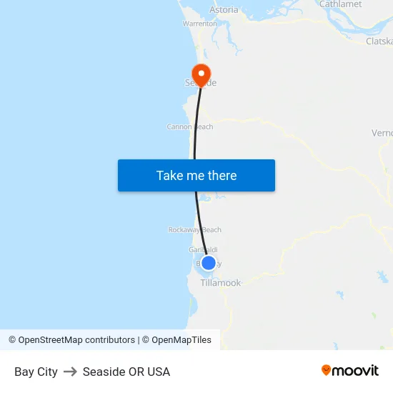 Bay City to Seaside OR USA map