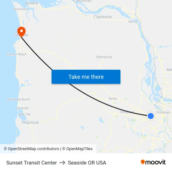 Sunset Transit Center to Seaside OR USA map