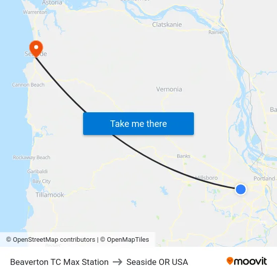 Beaverton TC Max Station to Seaside OR USA map