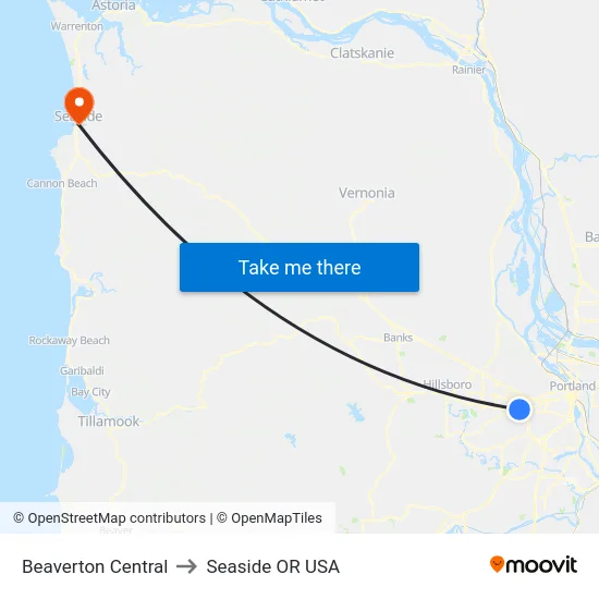 Beaverton Central to Seaside OR USA map