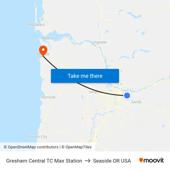 Gresham Central TC Max Station to Seaside OR USA map
