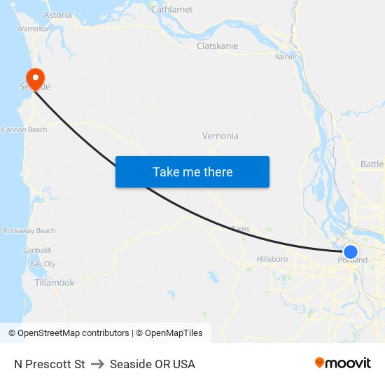 N Prescott St to Seaside OR USA map