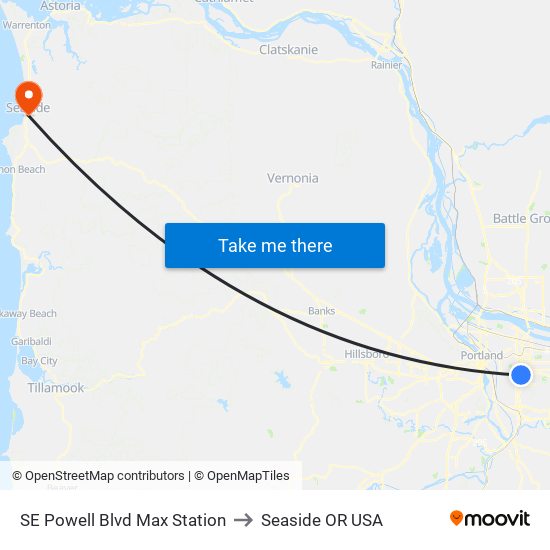 SE Powell Blvd Max Station to Seaside OR USA map