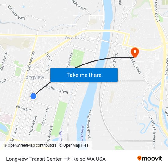 Longview Transit Center to Kelso WA USA map