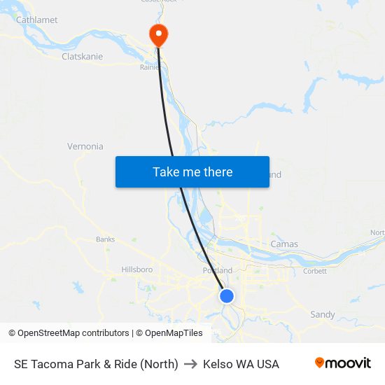 SE Tacoma Park & Ride (North) to Kelso WA USA map