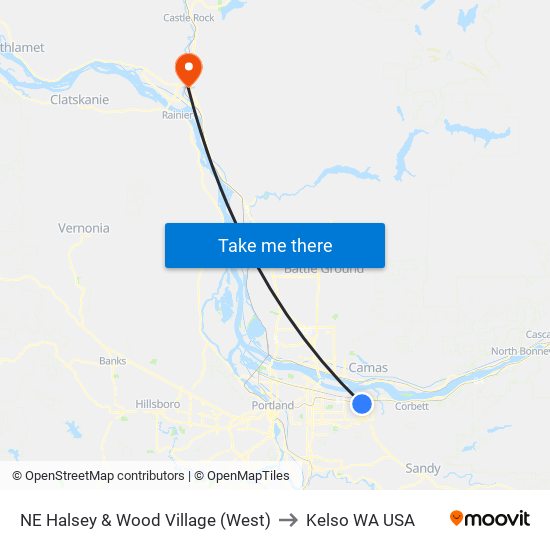 NE Halsey & Wood Village (West) to Kelso WA USA map