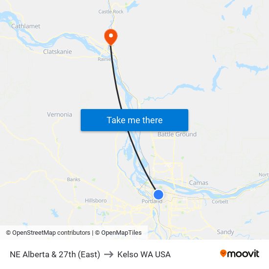 NE Alberta & 27th (East) to Kelso WA USA map