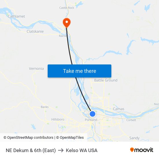 NE Dekum & 6th (East) to Kelso WA USA map