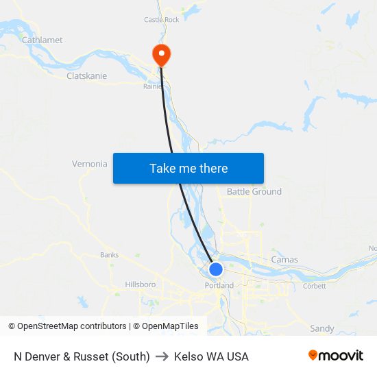 N Denver & Russet (South) to Kelso WA USA map