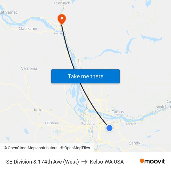 SE Division & 174th Ave (West) to Kelso WA USA map