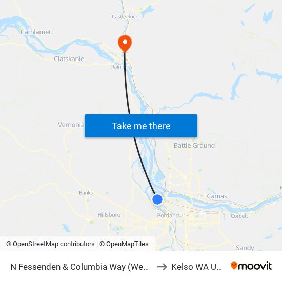 N Fessenden & Columbia Way (West) to Kelso WA USA map