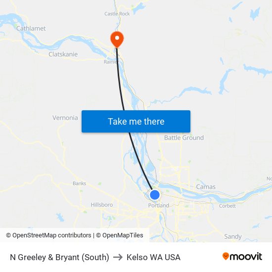 N Greeley & Bryant (South) to Kelso WA USA map