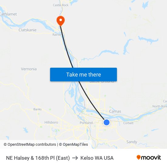 NE Halsey & 168th Pl (East) to Kelso WA USA map