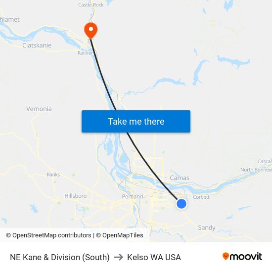 NE Kane & Division (South) to Kelso WA USA map