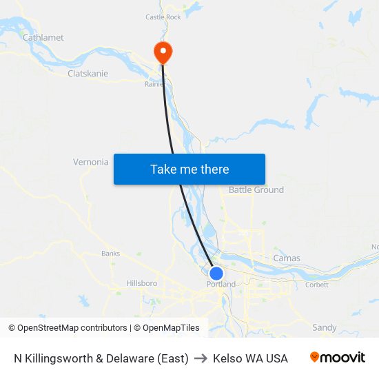 N Killingsworth & Delaware (East) to Kelso WA USA map