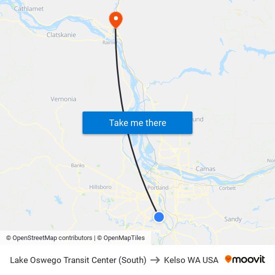 Lake Oswego Transit Center (South) to Kelso WA USA map