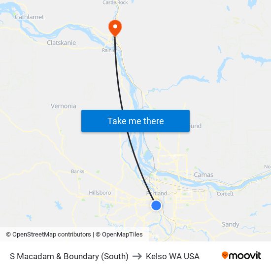 S Macadam & Boundary (South) to Kelso WA USA map