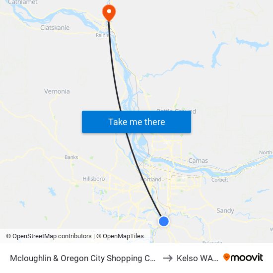 Mcloughlin & Oregon City Shopping Center (North) to Kelso WA USA map