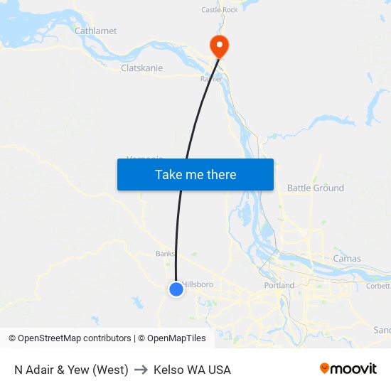 N Adair & Yew (West) to Kelso WA USA map