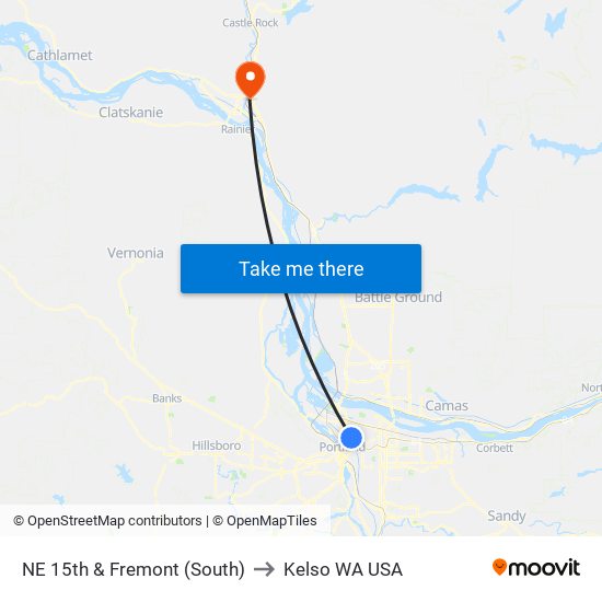 NE 15th & Fremont (South) to Kelso WA USA map