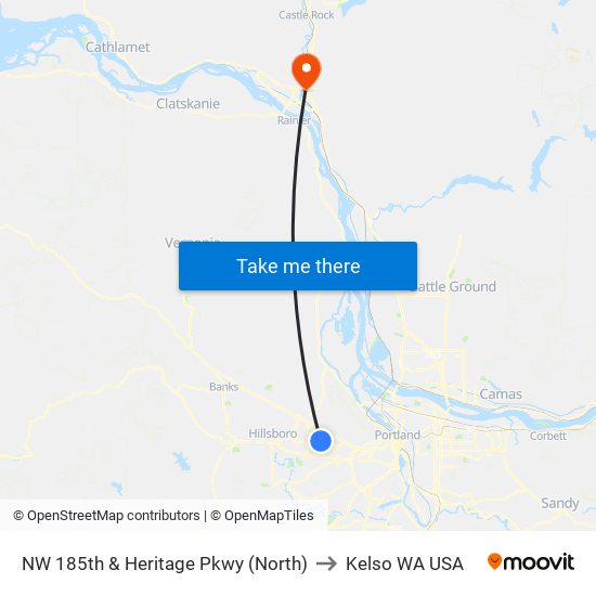 NW 185th & Heritage Pkwy (North) to Kelso WA USA map