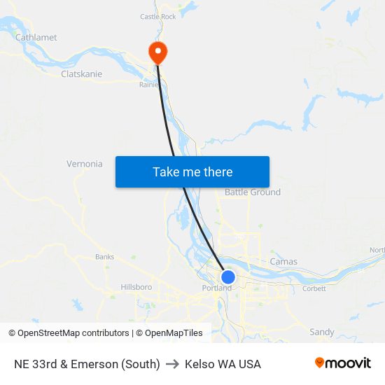 NE 33rd & Emerson (South) to Kelso WA USA map