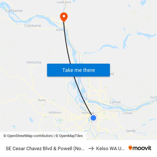 SE Cesar Chavez Blvd & Powell (North) to Kelso WA USA map