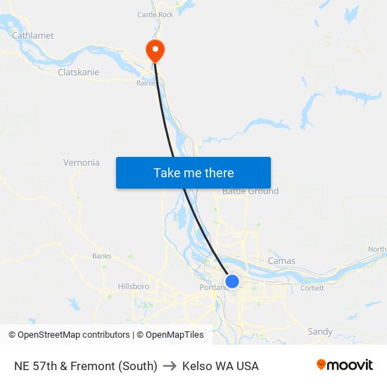 NE 57th & Fremont (South) to Kelso WA USA map