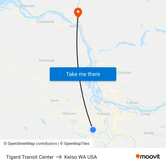 Tigard Transit Center to Kelso WA USA map