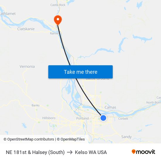 NE 181st & Halsey (South) to Kelso WA USA map