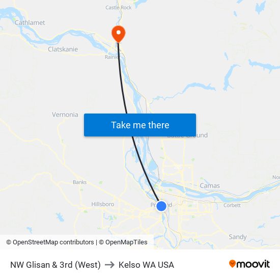 NW Glisan & 3rd (West) to Kelso WA USA map
