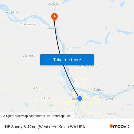 NE Sandy & 42nd (West) to Kelso WA USA map