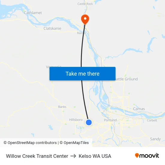 Willow Creek Transit Center to Kelso WA USA map