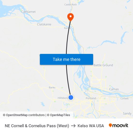 NE Cornell & Cornelius Pass (West) to Kelso WA USA map