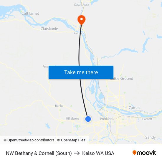 NW Bethany & Cornell (South) to Kelso WA USA map