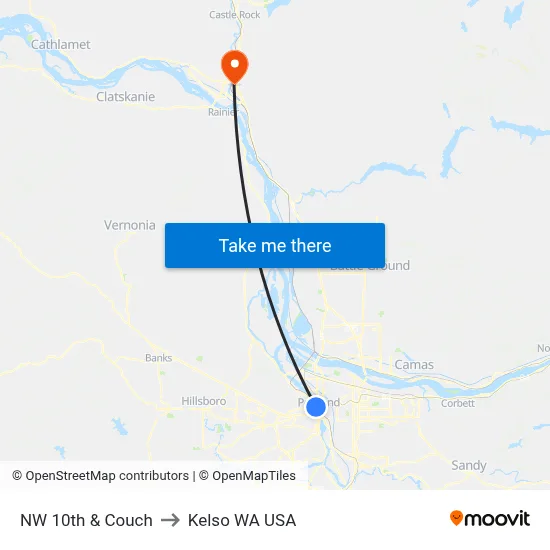 NW 10th & Couch to Kelso WA USA map